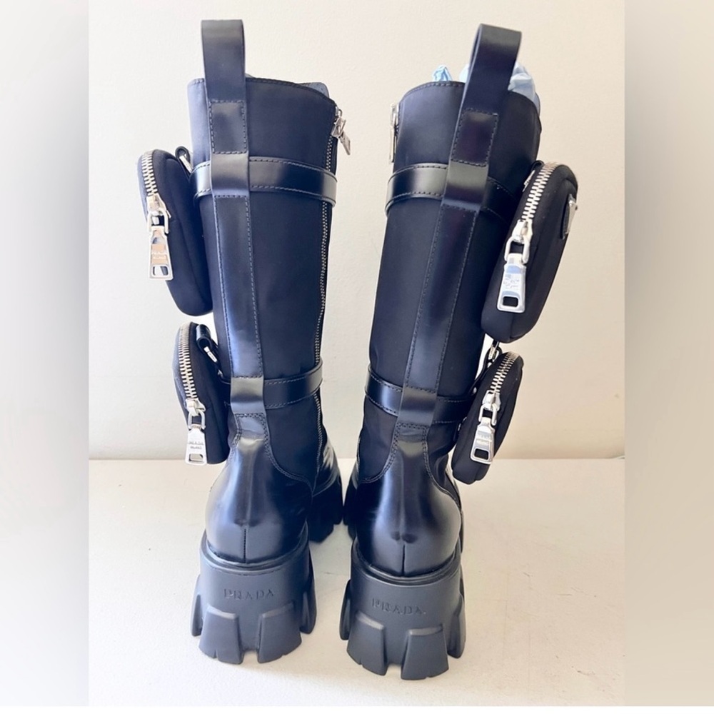 Prada Monolith Black Leather Combat Boots With Removable Pouches Tall Boot Sz 37 - Picture 9 of 12